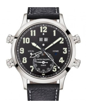 Patek Philippe Grand Complications 42.2-5520P-001 (Black Calfskin Strap, Ebony-black Sunburst Arabic Dial, Platinum Smooth Bezel)