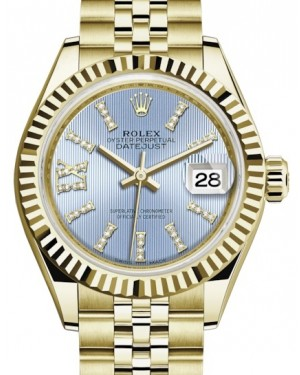 Rolex Lady-Datejust 28-279178 (Yellow Gold Jubilee Bracelet, Gold Diamond IX-set Cornflower Index Dial, Fluted Bezel)