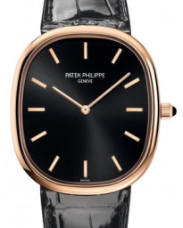 Patek Philippe Golden Ellipse 34.5x38.5-5738R-001 (Shiny-black Alligator Leather Strap, Ebony-black Sunburst Index Dial, Rose Gold Smooth Bezel) (5738R-001)