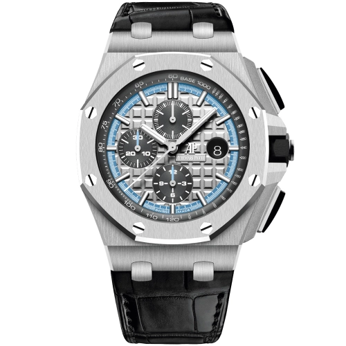 Audemars Piguet Royal Oak OffShore 44-26417BC.OO.A002CR.01 (Black Alligator Leather Strap, Méga Tapisserie Grey Index Dial, White Gold Smooth Bezel)