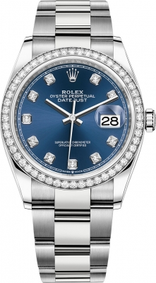 Rolex Datejust 36-126284RBR (Oystersteel Oyster Bracelet, Gold Diamond-set Bright-blue Dial, Diamond Bezel)