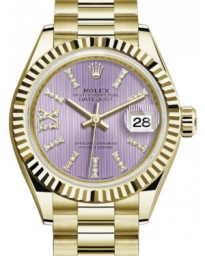 Rolex Lady-Datejust 28-279178 (Yellow Gold President Bracelet, Gold Diamond IX-set Lilac Index Dial, Fluted Bezel) (m279178-0011)