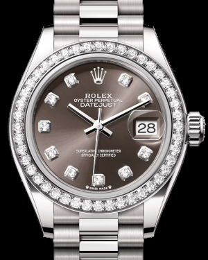 Rolex Lady-Datejust 28-279139RBR (White Gold President Bracelet, Gold Diamond-set Dark-grey Dial, Diamond Bezel)