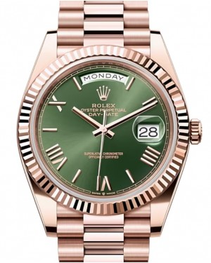 Rolex Day-Date 40-228235 (Everose Gold President Bracelet, Olive-green Roman Dial, Fluted Bezel)