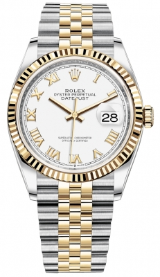 Rolex Datejust 36-126233 (Yellow Rolesor Jubilee Bracelet, White Roman Dial, Fluted Bezel)