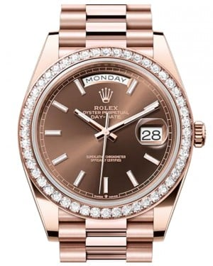 Rolex Day-Date 40-228345RBR (Everose Gold President Bracelet, Chocolate Index Dial, Diamond Bezel)