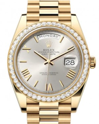 Rolex Day-Date 40-228348RBR (Yellow Gold President Bracelet, Silver Roman Dial, Diamond Bezel) (m228348rbr-0007)