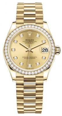 Rolex Datejust 31-278288RBR (Yellow Gold President Bracelet, Gold Diamond-set Champagne Dial, Diamond Bezel)