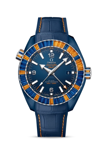 Omega Seamaster Planet Ocean 600M 45.5-215.98.46.22.03.001 (Orange/Blue Alligator Leather Strap, Blue Ceramic Arabic/Index Dial, Baguette-cut Orange & Blue Sapphire-set Bezel)