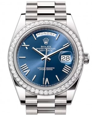 Rolex Day-Date 40-228349RBR (White Gold President Bracelet, Bright-blue Roman Dial, Diamond Bezel)