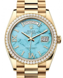 Rolex Day-Date 36-128348RBR (Yellow Gold President Bracelet, VI IX Gold Diamond-set Turquoise Dial, Diamond Bezel) (m128348rbr-0037)