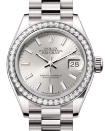 Rolex Lady-Datejust 28-279139RBR (White Gold President Bracelet, Silver Index Dial, Diamond Bezel) (m279139rbr-0006)