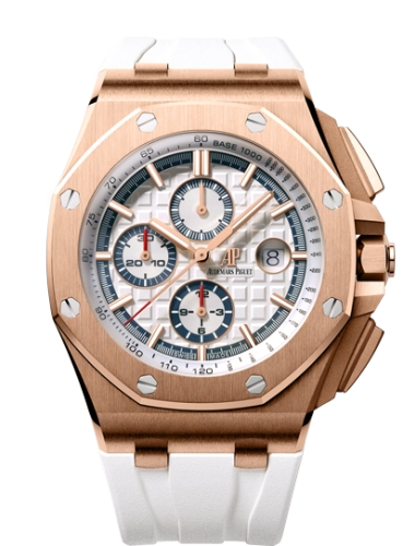 Audemars Piguet Royal Oak Offshore 44-26408OR.OO.A010CA.01 (White Rubber Strap, Méga Tapisserie White Index Dial, Pink Gold Smooth Bezel)
