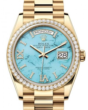 Rolex Day-Date 36-128348RBR (Yellow Gold President Bracelet, VI IX Gold Diamond-set Turquoise Dial, Diamond Bezel)