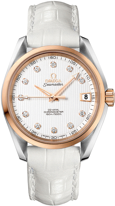 Omega Seamaster Aqua Terra 150M 38.5-231.23.39.21.52.001 (White Alligator Leather Strap, Vertical-teak Silver-toned Diamond Index Dial, Red Gold Bezel)