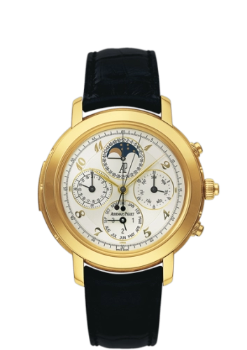 Audemars Piguet Jules Audemars 42-25866BA.OO.D002CR.02 (Black Alligator Leather Strap, Silver-toned Arabic Dial, Yellow Gold Smooth Bezel)