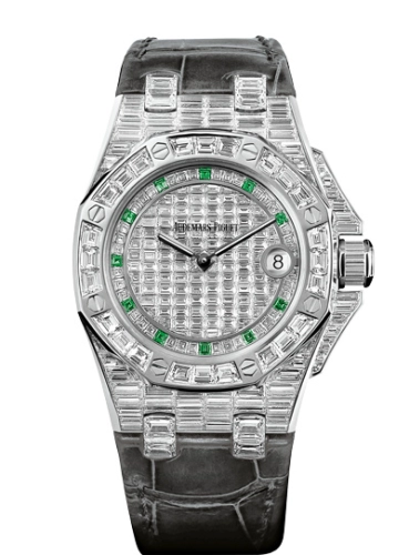 Audemars Piguet Royal Oak Offshore 37-67543BC.ZZ.D204CR.01 (Black Alligator Leather Strap, Baguette-cut Emerald Markers, Baguette-cut Diamond-paved Dial, Baguette-cut Diamond-set Bezel)