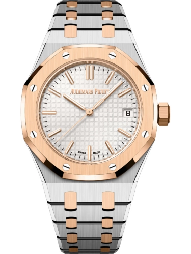 Audemars Piguet Royal Oak 37-15550SR.OO.1356SR.02 (Pink Gold & Stainless Steel Bracelet, Grande Tapisserie Silver-toned Index Dial, Pink Gold Smooth Bezel)