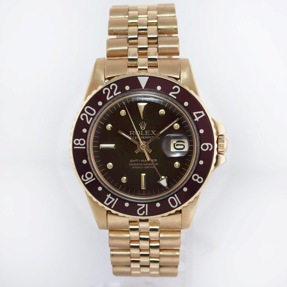 Rolex GMT-Master 40-1675 (Yellow Gold Jubilee Bracelet, Root Beer Nipple Dial, Brown Aluminum Bezel)