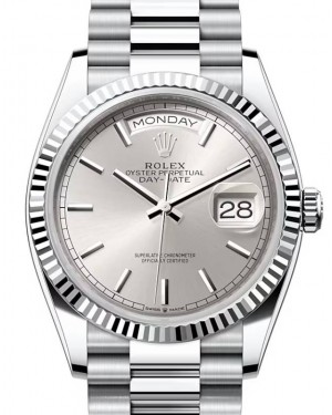 Rolex Day-date 36-128236 (Platinum President Bracelet, Silver Index Dial, Fluted Bezel)