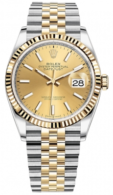 Rolex Datejust 36-126233 (Yellow Rolesor Jubilee Bracelet, Champagne Index Dial, Fluted Bezel)