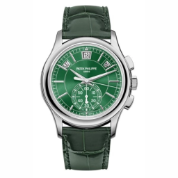 Patek Philippe Complications 42-5905P-014 (Shiny Olive-green Alligator Leather Strap, Green Sunburst Index Dial, Platinum Smooth Bezel) (5905P-014)