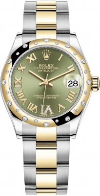 Rolex Datejust 31-278343RBR (Yellow Rolesor Oyster Bracelet, VI Diamond-set Olive-green Dial, Domed Diamond Bezel)