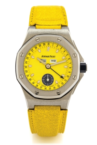Audemars Piguet Royal Oak Offshore 38-25808ST.O.0009/03 (Yellow Alligator Leather Strap, Petite Tapisserie Yellow Index Dial, Stainless Steel Smooth Bezel)