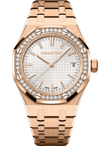 Audemars Piguet Royal Oak 37-15551OR.ZZ.1356OR.01 (Pink Gold Bracelet, Grande Tapisserie Silver-toned Index Dial, Brilliant-cut Diamond-set Bezel)