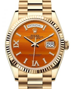 Rolex Day-Date 36-128238 (Yellow Gold President Bracelet, VI IX Gold Diamond-set Carnelian Dial, Fluted Bezel)