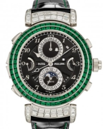 Patek Philippe Grand Complications 49.4-6300/403G-001 (Shiny-black Alligator Leather Strap, Ebony-black Opaline Double-sided Arabic Dial, Baguette-cut Emerald Bezel) (6300/403G-001)