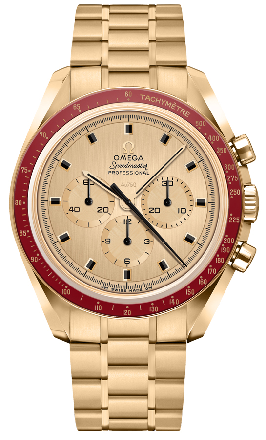 Omega Speedmaster Moonwatch 42-310.60.42.50.99.001 (Moonshine Gold Bracelet, Gold-toned Dot Index Dial, Red Tachymeter Bezel)