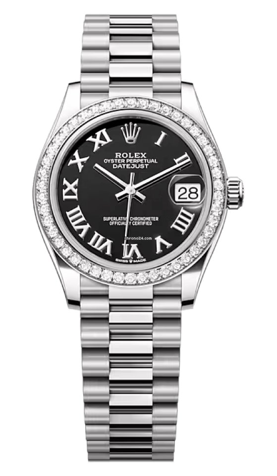 Rolex Datejust 31-278289RBR (White Gold President Bracelet, Bright-black Roman Dial, Diamond Bezel)