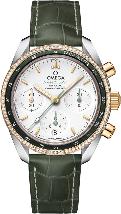 Omega Speedmaster Non-Moonwatch 38-324.28.38.50.02.001 (Green Alligator Leather Strap, Silver-toned Index Dial, Green Tachymeter Diamond-set Bezel)