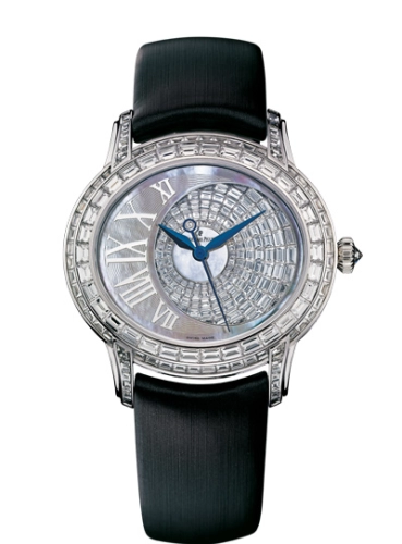 Audemars Piguet Millenary 39.5-77306BC.ZZ.D007SU.01 (Blue Technological-silk Strap, Off-centred Baguette-cute Diamond-set Disc White MOP Roman Dial, Baguette-cut Diamond-set Bezel)