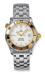 Omega Seamaster Diver 300M 36.25-2462.20.00 (Stainless Steel Bracelet, Wave-embossed White Dot Index Dial, Rotating Yellow Gold Bezel) (Omega 2462.20.00)