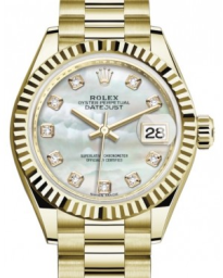 Rolex Lady-Datejust 28-279178 (Yellow Gold President Bracelet, Gold Diamond-set White MOP Dial, Fluted Bezel) (m279178-0025)