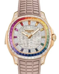 Patek Philippe Grand Complications 38.8-5260/355R-001 (Matte-beige Rubber Strap, Multicolored-sapphire Markers Diamond-paved Dial, Diamond & Multicolored-sapphire Bezel) (5260/355R-001)