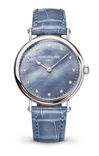 Patek Philippe Calatrava 34.6-7200/50G-011 (Shiny Peacock-blue Alligator Leather Strap, Diamond-set Blue MOP Dial, White Gold Smooth Bezel)