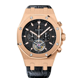 Audemars Piguet Royal Oak 44-25977OR.OO.D002CR.01 (Black Alligator Leather Strap, Grande Tapisserie Black Index Dial, Pink Gold Smooth Bezel) (25977OR.OO.D002CR.01)