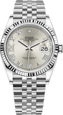 Rolex Datejust 36-126234 (Oystersteel Jubilee Bracelet, VI IX Gold Diamond-set Silver Dial, Fluted Bezel)