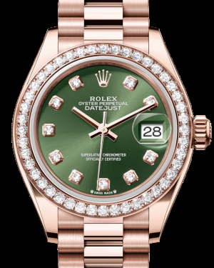 Rolex Lady-Datejust 28-279135RBR (Everose Gold President Bracelet, Gold Diamond-set Olive-green Dial, Diamond Bezel)
