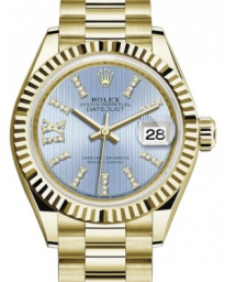 Rolex Lady-Datejust 28-279178 (Yellow Gold President Bracelet, Gold Diamond IX-set Cornflower Index Dial, Fluted Bezel) (m279178-0009)