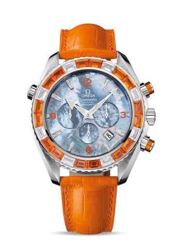 Omega Seamaster Planet Ocean 600M 45.5-222.28.46.50.57.002 (Orange Alligator Leather Strap, Blue MOP Arabic/Index Dial, Baguette-cut Orange Sapphire/Diamond-set Bezel)