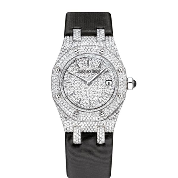 Audemars Piguet Royal Oak 33-67625BC.ZZ.D004SU.01 (Black Technological Silk Strap, Diamond-paved Index Dial, Diamond-paved Diamond-set Bezel)