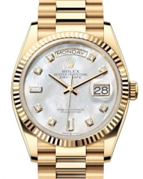 Rolex Day-Date 36-128238 (Yellow Gold President Bracelet, Gold Diamond-set White MOP Dial, Fluted Bezel) (m128238-0011)