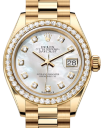 Rolex Lady-Datejust 28-279138RBR (Yellow Gold President Bracelet, Gold Diamond-set White MOP Dial, Diamond Bezel) (m279138rbr-0015)