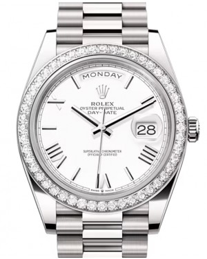 Rolex Day-Date 40-228349RBR (White Gold President Bracelet, White Roman Dial, Diamond Bezel)