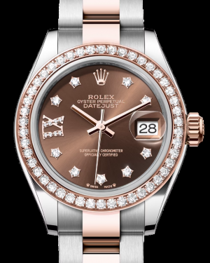 Rolex Lady-Datejust 28-279381RBR (Everose Rolesor Oyster Bracelet, Gold Diamond IX-set Chocolate Dial, Diamond Bezel)