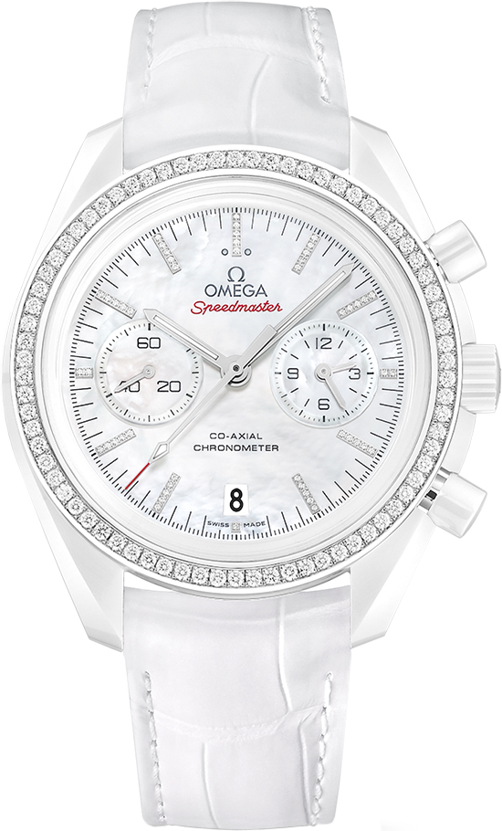 Omega Speedmaster Non-Moonwatch 44.25-311.98.44.51.55.001 (White Alligator Leather Strap, White MOP Index Dial, White Ceramic Diamond-set Bezel)